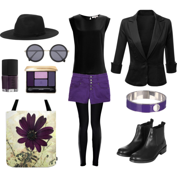 Black blazer purple shorts outfit - fashion set by Joanna_ARTbyJWP via polyvore.com