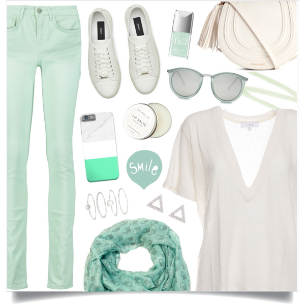 Mint jeans white t-shirt spring outfit - ways to wear colored jeans